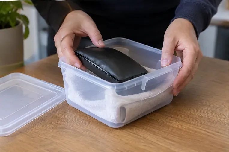 Een opgezwollen powerbank afzonderlijk geplaatst in een kunststof bak met zachte scheiding eromheen