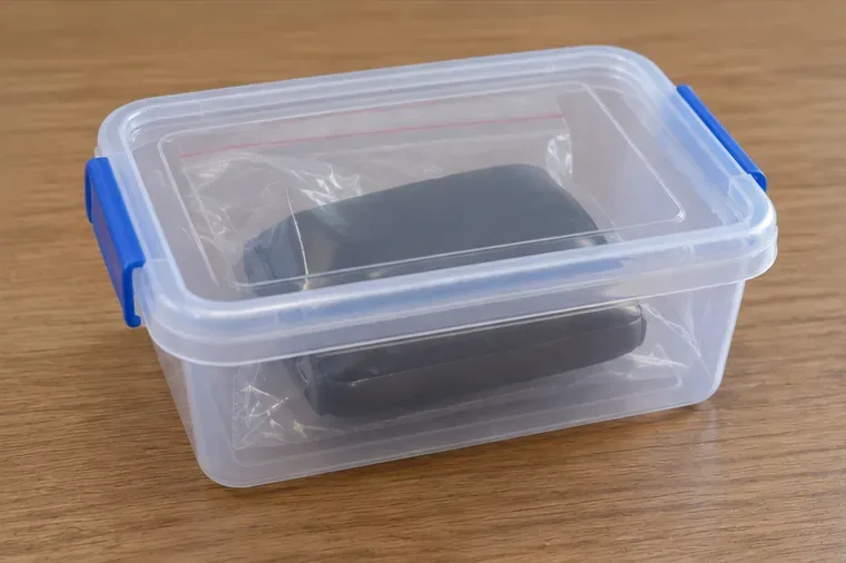 Een afzonderlijk verpakte powerbank ligt los en stabiel in een stevige doorzichtige kunststof transportbak
