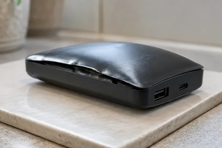 Een zwarte powerbank met duidelijk bolstaande bovenkant op een harde, vlakke ondergrond