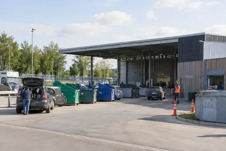 De ingang van een schoon gemeentelijk recyclingperron met voertuigen en gescheiden afvalcontainers op een zonnige dag