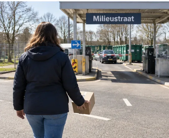 Een vrouw loopt met een kleine doos naar de ingang van een milieustation