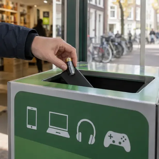Hand die een intacte cilindrische batterij in een groene inzamelbak voor kleine elektrische apparaten plaatst