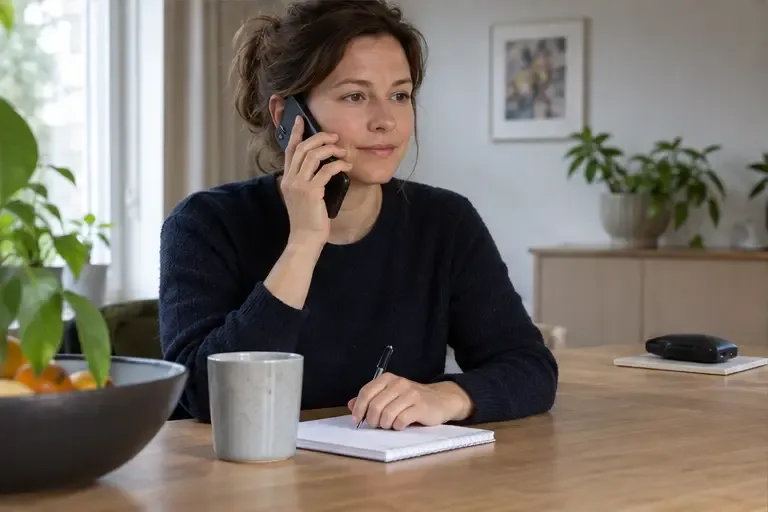 Een vrouw belt de gemeentelijke afvaldienst terwijl een opgezwollen powerbank op afstand op een tegel ligt