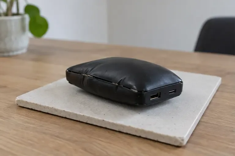 Een zichtbaar opgezwollen zwarte powerbank ligt onaangeraakt op een hittebestendige tegel op een droge tafel