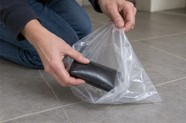 Handen leggen een koele, bolstaande powerbank voorzichtig in een ruime, losse plastic zak.