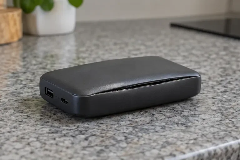 Een powerbank met een bolstaande naad ligt losgekoppeld op een stenen aanrecht