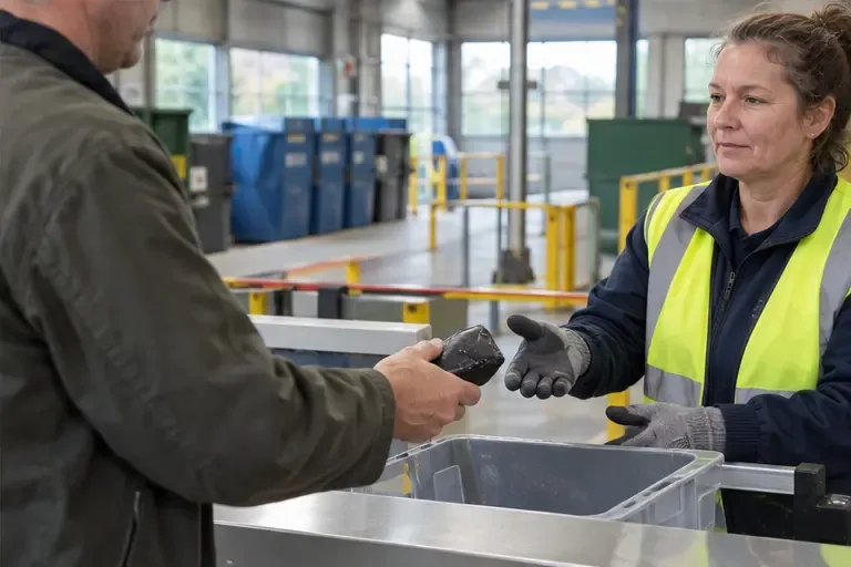 Een medewerker met veiligheidsvest ontvangt een beschadigd elektronisch apparaat bij een neutrale inzamelbalie