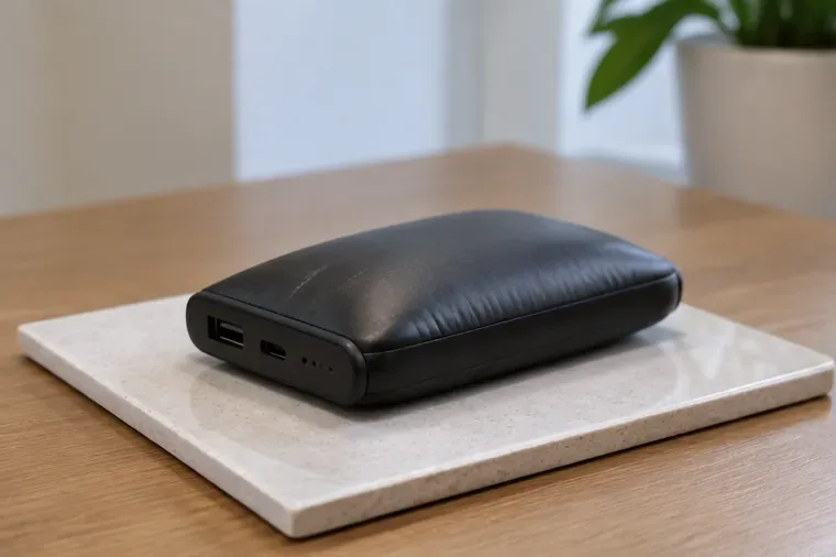 Een duidelijk bolstaande zwarte powerbank ligt onaangeraakt op een vlakke stenen ondergrond