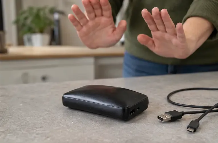 Iemand houdt beide handen op afstand van een losgekoppelde opgezwollen powerbank met de laadkabel ernaast