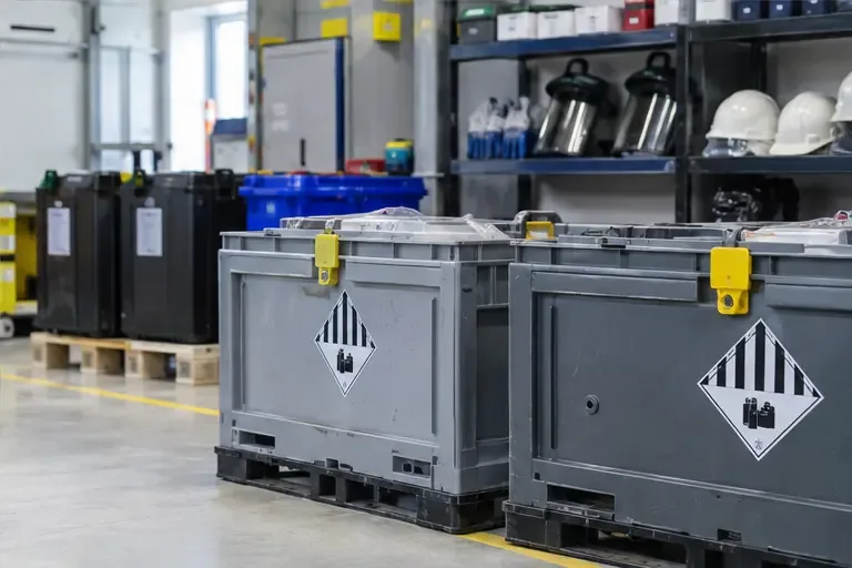 Gesloten veiligheidscontainers voor beschadigde batterijen staan in een schone sorteeromgeving met beschermende uitrusting op de achtergrond