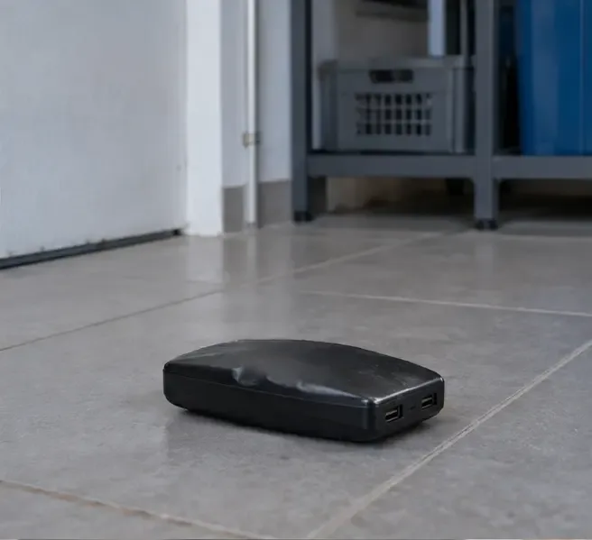 Een opgezwollen powerbank ligt onbeheerd op een droge tegelvloer in een opgeruimde ruimte, weg van opladers en textiel
