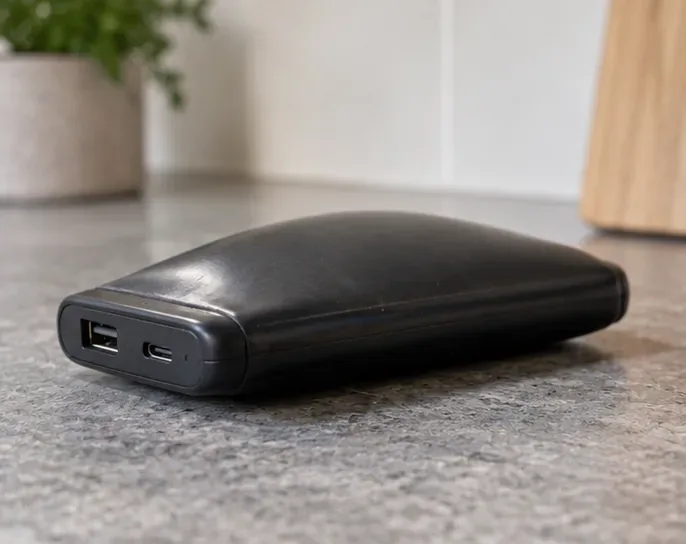 Een zwarte powerbank waarvan de behuizing zichtbaar bol staat op een stenen werkblad