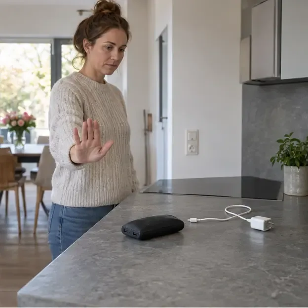 Een vrouw houdt haar hand op afstand van een opgezwollen powerbank terwijl een losgekoppelde laadkabel ernaast ligt.