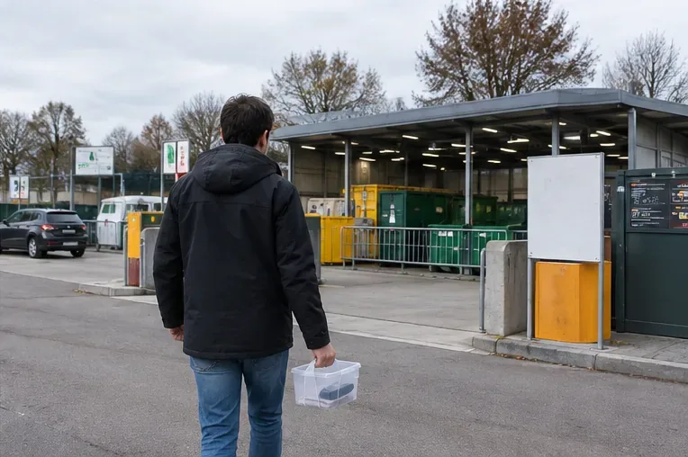 Een persoon arriveert met een afzonderlijk verpakte powerbank bij een gemeentelijke milieustraat met verschillende inzamelcontainers