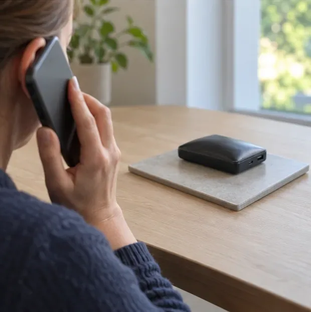 Een persoon gebruikt een smartphone aan tafel; daarnaast ligt een powerbank op een harde tegel.
