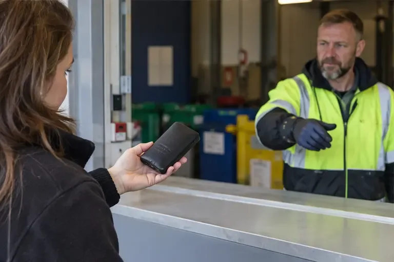 Een vrouw houdt een beschadigde powerbank boven een balie terwijl een medewerker van het afvalpunt aanwijzingen geeft