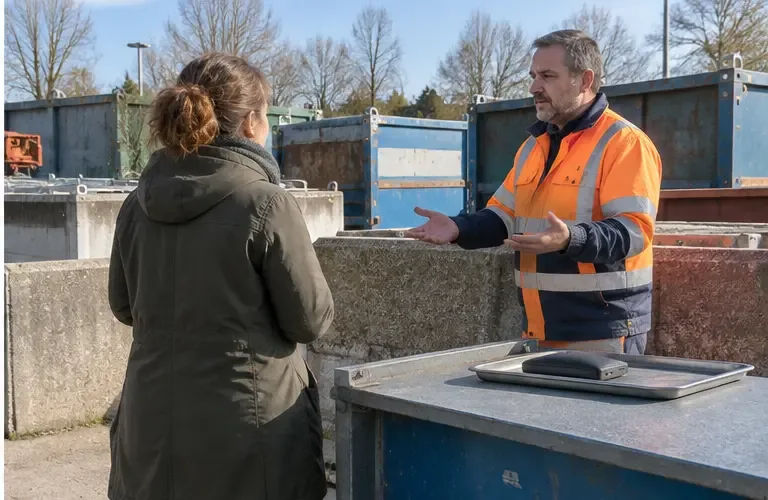 Een inwoner overlegt op een milieustraat met een medewerker terwijl de powerbank onaangeraakt op een aparte schaal ligt