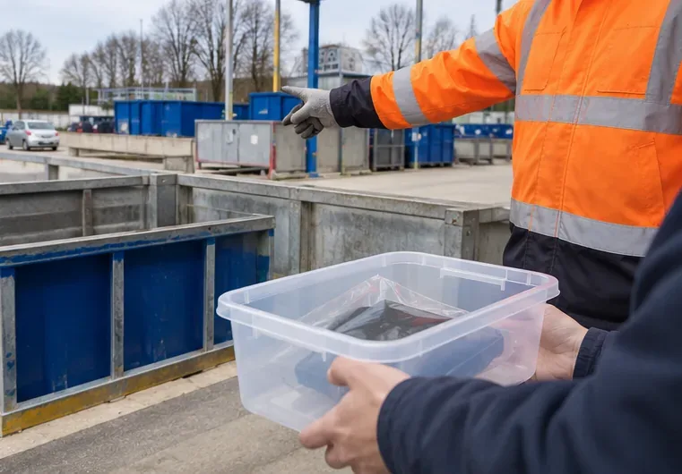 Een bezoeker met een kunststof bak wordt bij een afvalbrengstation door een medewerker in veiligheidskleding naar een inzamelplek gewezen