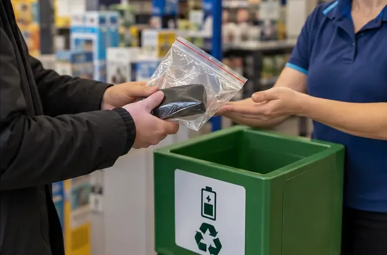 Een consument overhandigt een afzonderlijk verpakte opgezwollen powerbank aan een winkelmedewerker naast een batterij-inzamelcontainer