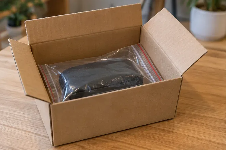 Een afzonderlijk verpakte opgezwollen powerbank ligt in een kleine stevige kartonnen doos voor vervoer.