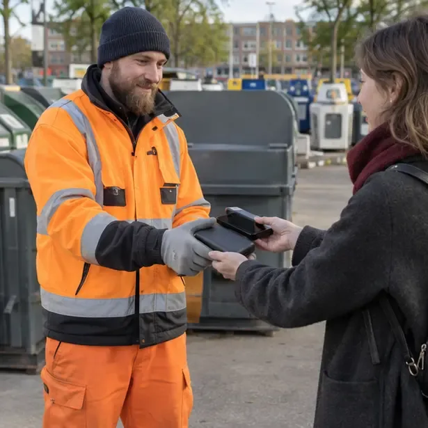 Bewoner die een vlakke onbeschadigde powerbank aan een medewerker bij een Amsterdams Recyclepunt overhandigt