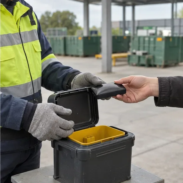 Bij een gemeentelijke inzamellocatie draagt een medewerker een compacte powerbank over bij een stevige inzamelkist.