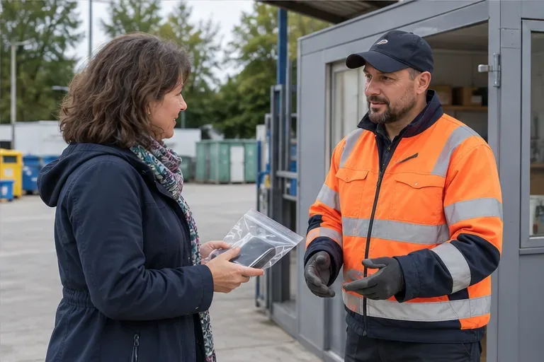 Een bezoeker overhandigt een individueel verpakte powerbank aan een medewerker bij een milieustraat