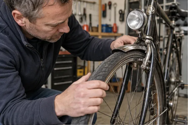 Een persoon controleert in een werkplaats de voorband en rem van een gebruikte stadsfiets.