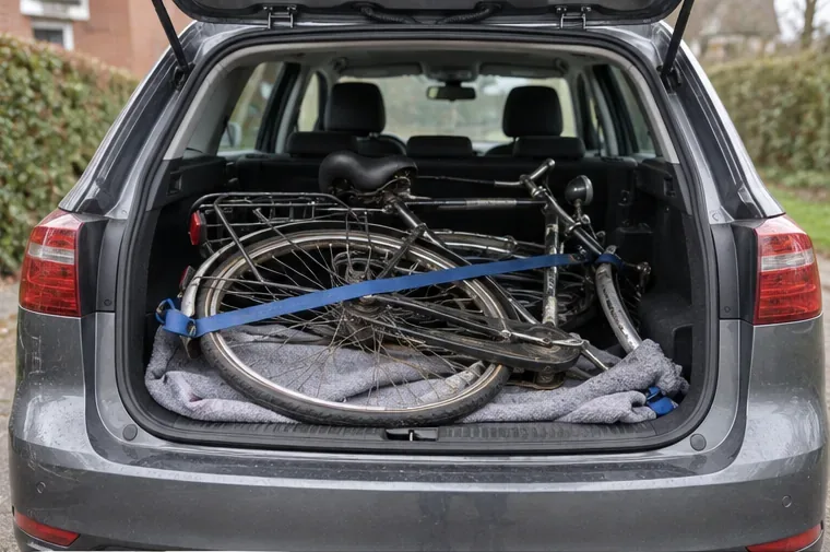 Een gebruikte fiets ligt met een spanband vastgezet in de kofferbak van een auto.