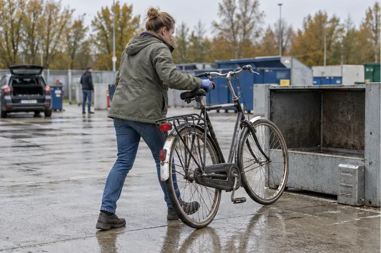 Een bezoeker loopt met een oude fiets over het terrein van een recyclingstation, langs grote inzamelcontainers.