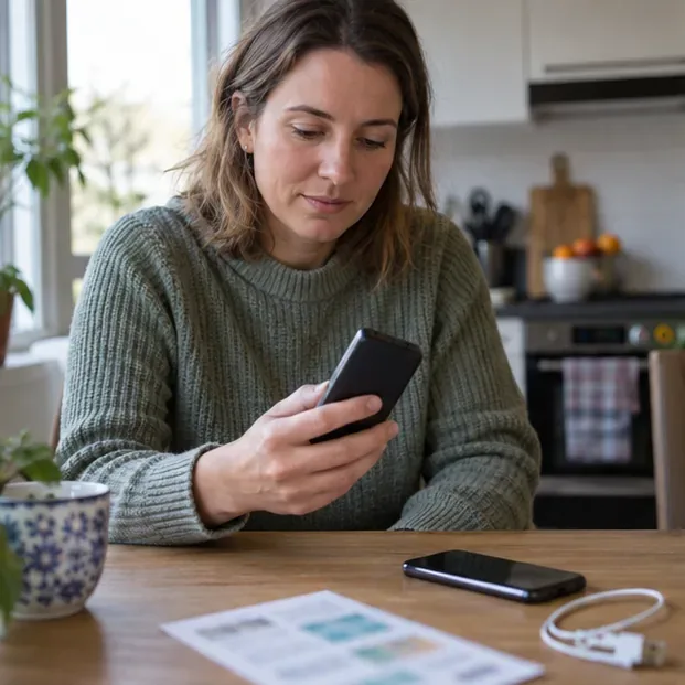 Een inwoner bekijkt een intacte zwarte powerbank aan een keukentafel