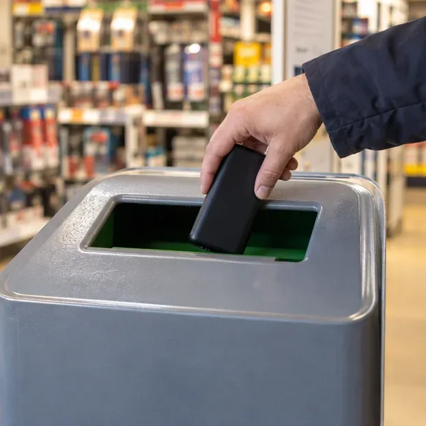 Een intacte zwarte powerbank wordt in een inzamelbak voor batterijen en elektronica geplaatst
