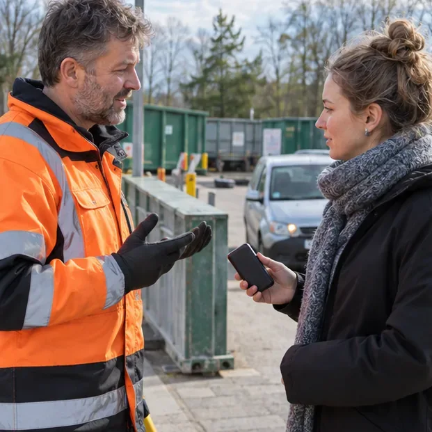 Een inwoner bespreekt een powerbank met een medewerker bij een gemeentelijk recyclingperron