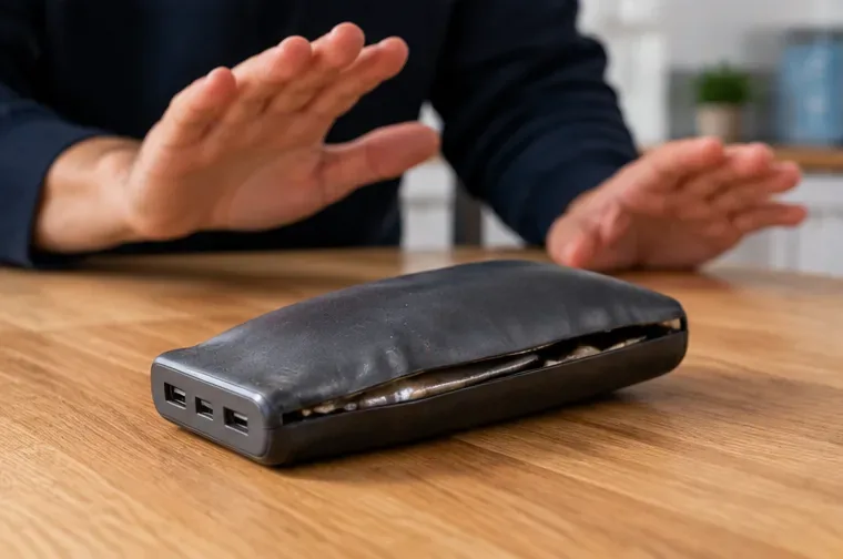 Een duidelijk opgezwollen powerbank ligt op tafel terwijl iemand afstand houdt en het apparaat niet verder gebruikt.