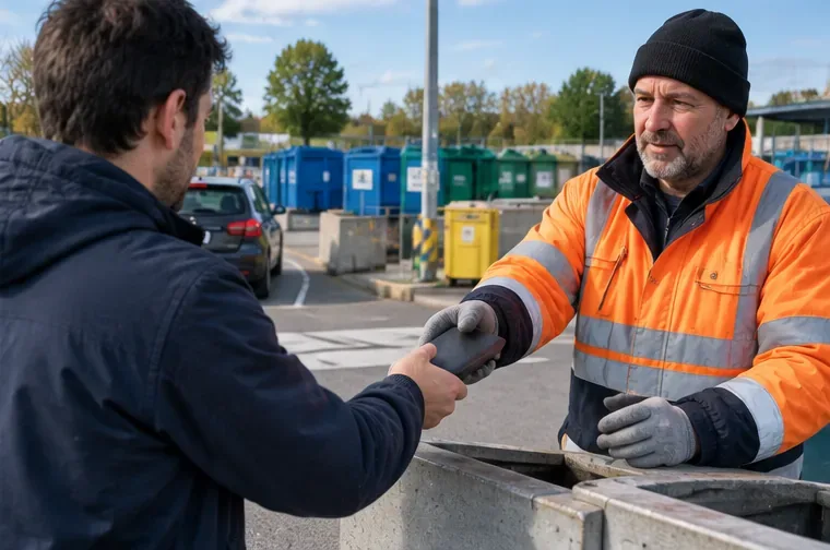 Een medewerker van een recyclepunt neemt een oude powerbank rechtstreeks aan van een bezoeker.