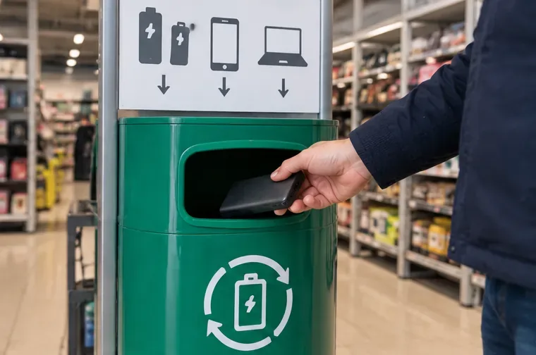 Een intacte powerbank wordt in een speciale inzamelbak voor batterijen en kleine elektrische apparaten bij een winkel gedaan.