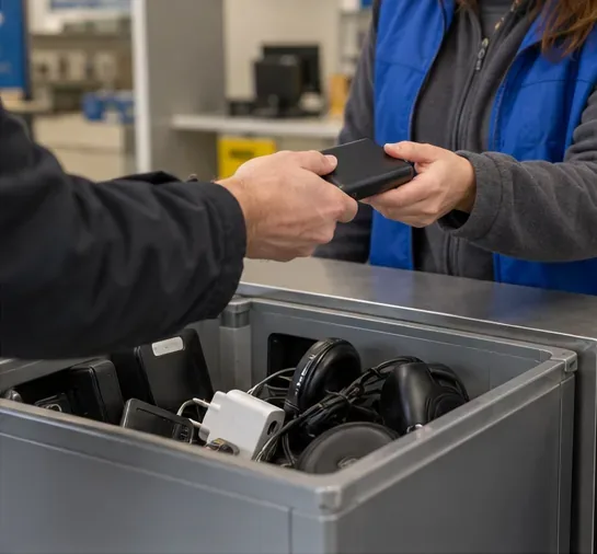 Een medewerker neemt een kleine powerbank aan bij een inzamelpunt voor elektrische apparaten, naast een bak met kleine elektronica.