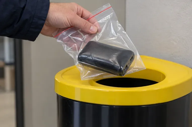 Een bolstaande powerbank zit apart in een doorzichtige plastic zak en wordt boven een batterij-inzamelvat gehouden.