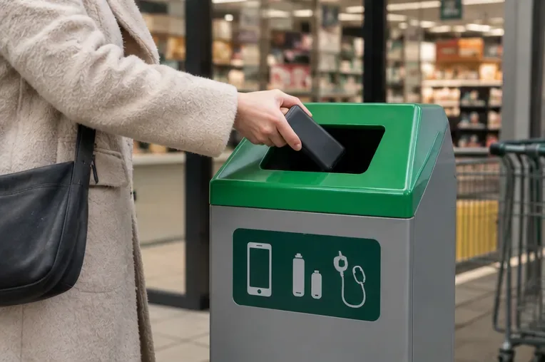 Een persoon houdt een zwarte powerbank boven de opening van een groene inzamelbak voor kleine elektrische apparaten en batterijen