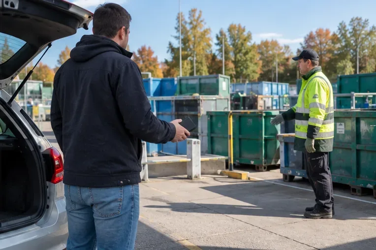 Een inwoner met een powerbank staat bij een auto tegenover een medewerker op een terrein met afvalcontainers