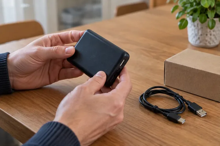 Handen controleren een zwarte powerbank op beschadigingen terwijl een laadkabel en een kartonnen doos op tafel liggen