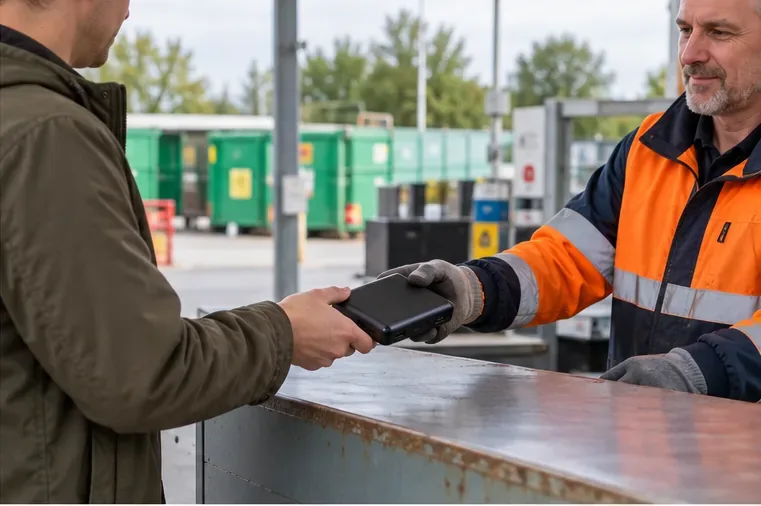 Een bezoeker overhandigt een intacte powerbank aan een medewerker bij het milieustation