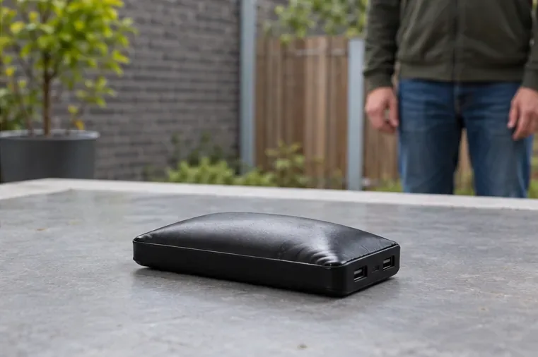 Een vervormde powerbank ligt losgekoppeld op een onbrandbare ondergrond terwijl iemand op afstand blijft
