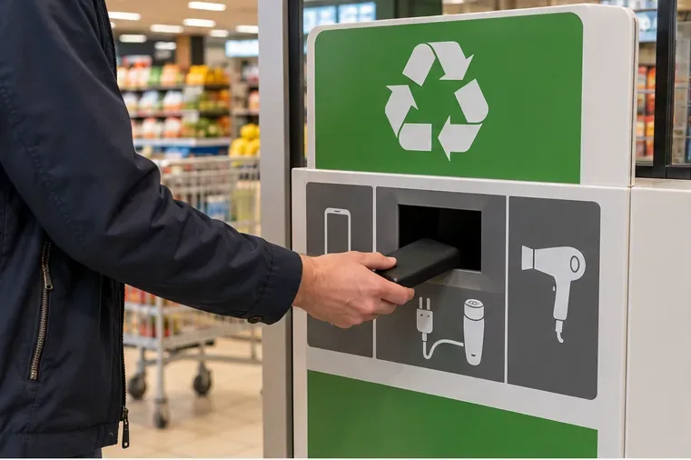 Een intacte powerbank wordt in het vak voor kleine elektrische apparaten van een inzamelmeubel in een supermarkt gelegd