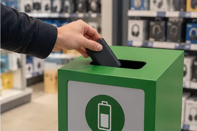 Een hand levert een kleine zwarte powerbank in bij een groene inzamelbox in een winkel