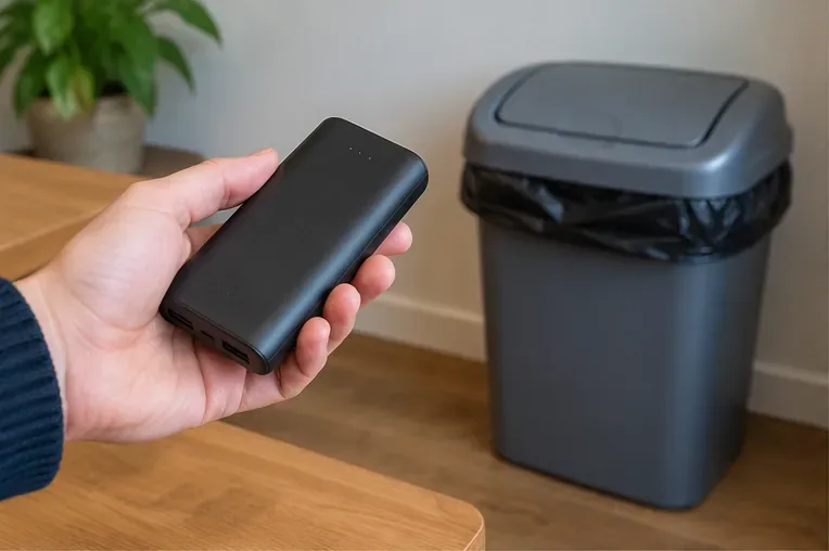 Een hand houdt een zwarte powerbank vast naast een gewone huishoudelijke afvalbak