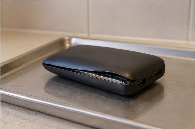 Een duidelijk opgezwollen zwarte powerbank ligt apart op een metalen schaal