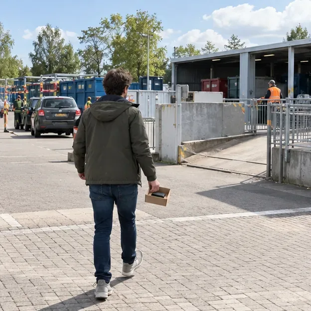 Een bezoeker draagt een kleine doos naar de ingang van een afvalbrengstation.