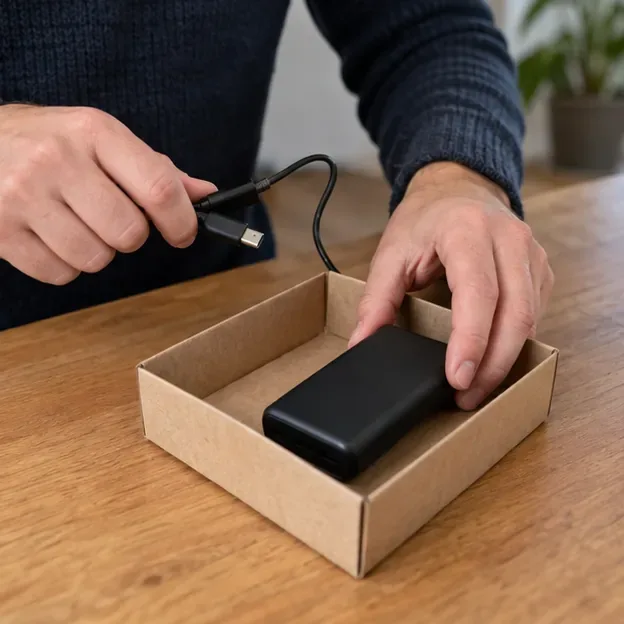 Een losgekoppelde powerbank ligt in een kartonnen bakje, apart van kabels en andere spullen.