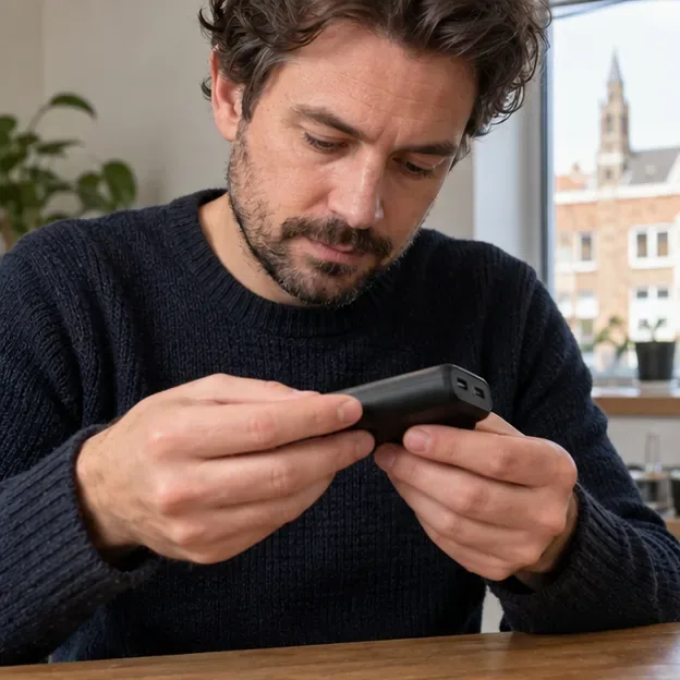 Een man bekijkt een powerbank op zichtbare schade voordat hij beslist of hergebruik veilig is.